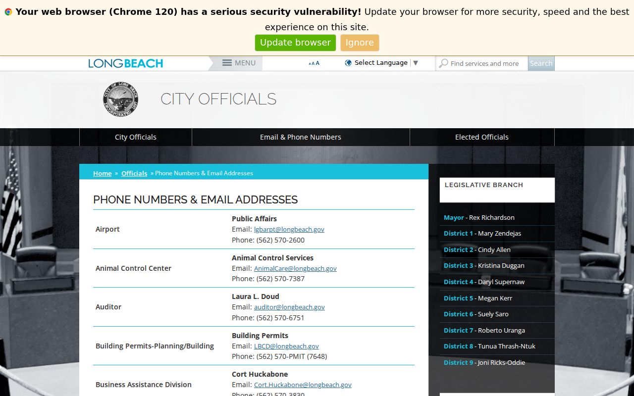 Long Beach directory page for city officials and contacts
