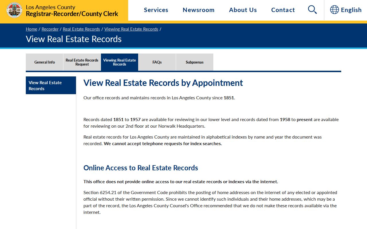 Long Beach records appointment page for real-estate index viewing